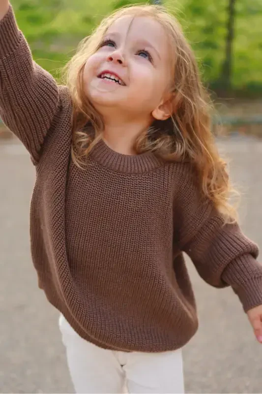 100% Cotton Crew Neck Kids' Rib Knit Sweater-Bitter Chocolate - 2