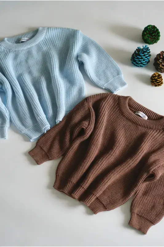 100% Cotton Crew Neck Kids' Rib Knit Sweater-Bitter Chocolate - 5