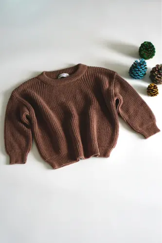 100% Cotton Crew Neck Kids' Rib Knit Sweater-Bitter Chocolate - 4