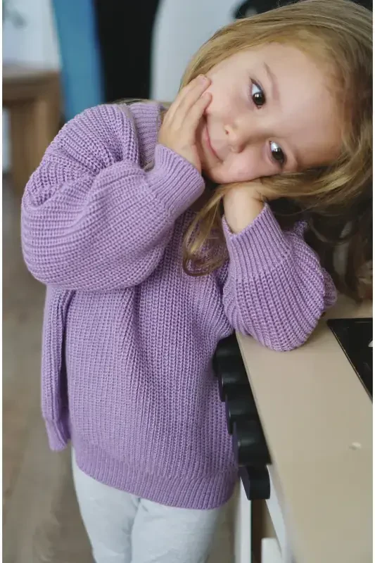 100% Cotton Crew Neck Kids' Rib Knit Tricot Sweater-Lilac - 1