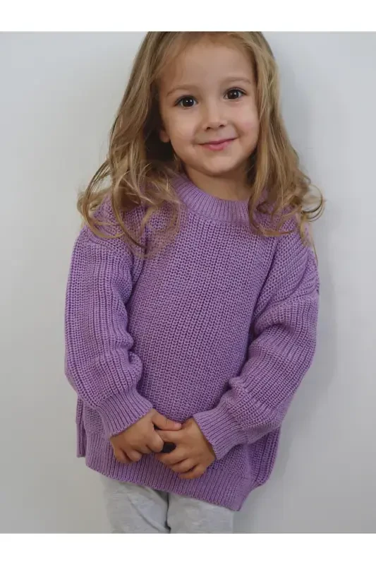 100% Cotton Crew Neck Kids' Rib Knit Tricot Sweater-Lilac - 2