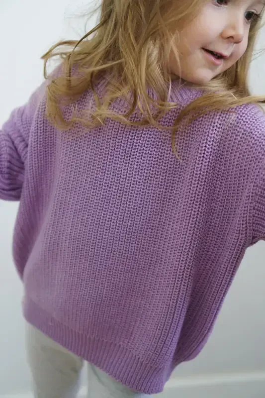 100% Cotton Crew Neck Kids' Rib Knit Tricot Sweater-Lilac - 3