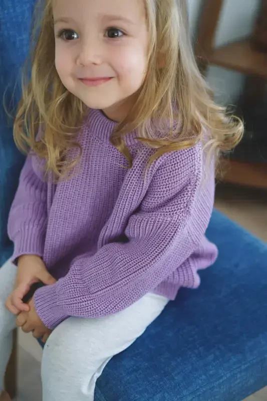 100% Cotton Crew Neck Kids' Rib Knit Tricot Sweater-Lilac - 4