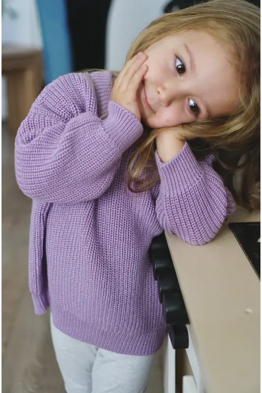 100% Cotton Crew Neck Kids' Rib Knit Tricot Sweater-Lilac - 1