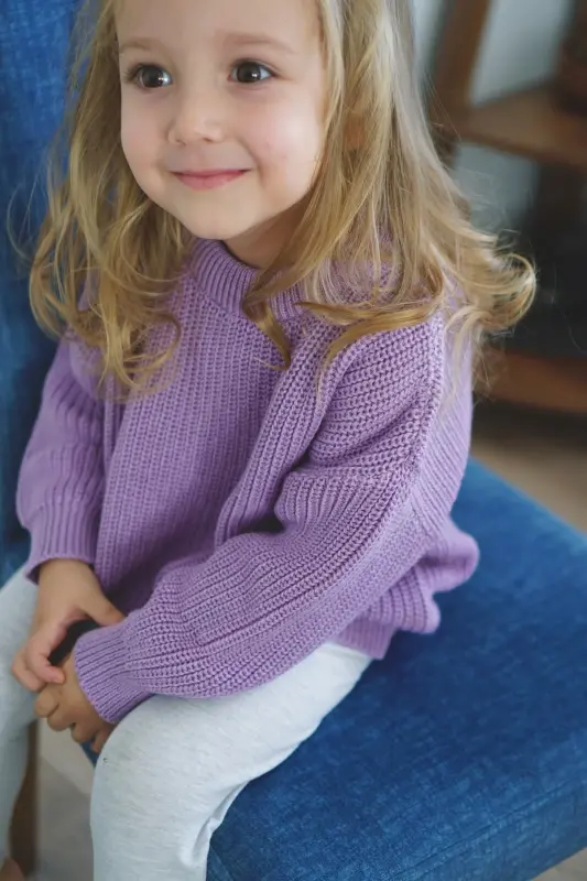 100% Cotton Crew Neck Kids' Rib Knit Tricot Sweater-Lilac - 4