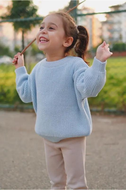 100% Cotton Crew Neck Kids Thessaloniki Knit Sweater - Baby Blue - 1