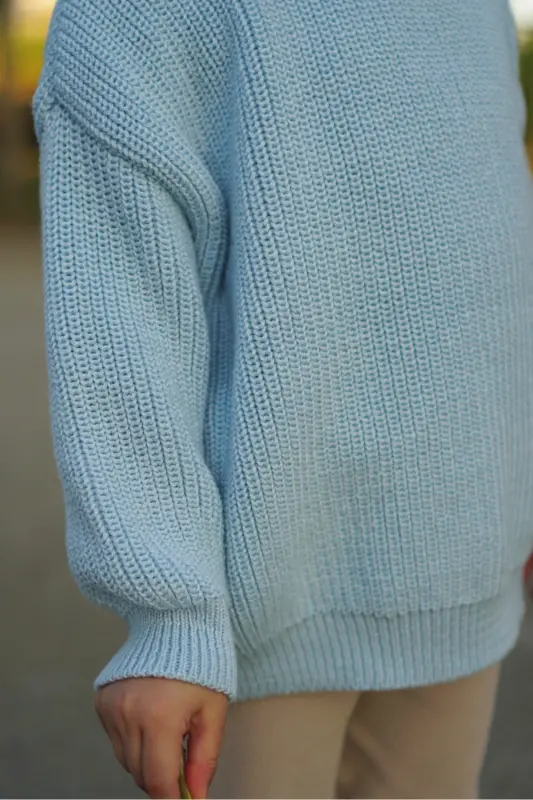 100% Cotton Crew Neck Kids Thessaloniki Knit Sweater - Baby Blue - 4
