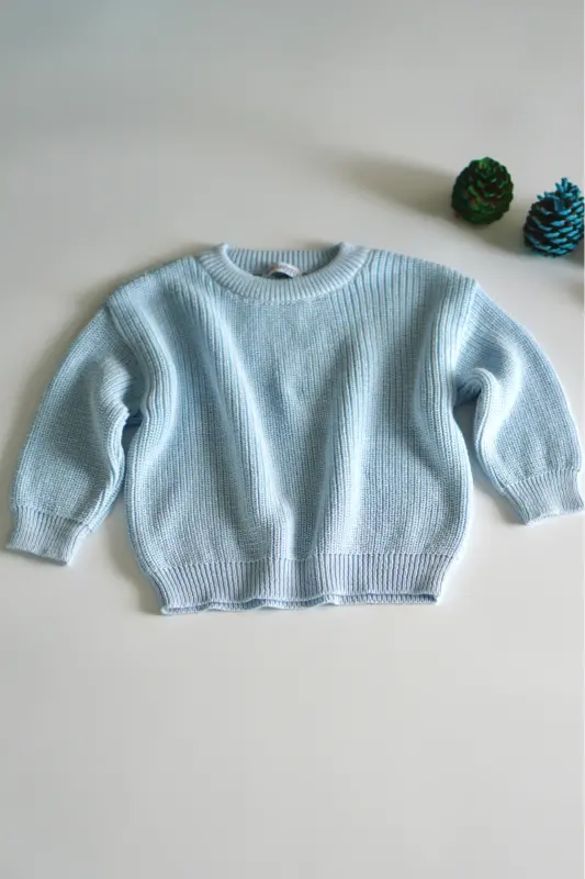 100% Cotton Crew Neck Kids Thessaloniki Knit Sweater - Baby Blue - 5