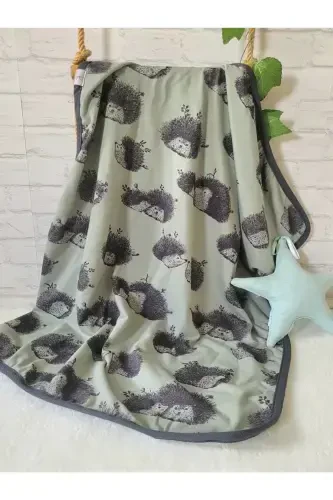 %100 Cotton Double Layer Jersey Baby/Newborn Swaddle Blanket 75x90 Cm/hedgehog-KHAKI - 1