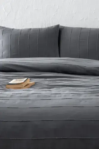 100% Cotton Double Size Anthracite Pique Set - Series 210x220 Cm - 2 Pieces 50x70 Cm Pillowcase - Anthracite - DENİZLİ CONCEPT (1)