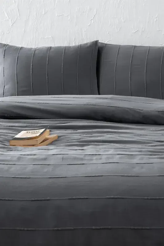 100% Cotton Double Size Anthracite Pique Set - Series 210x220 Cm - 2 Pieces 50x70 Cm Pillowcase - Anthracite - 2