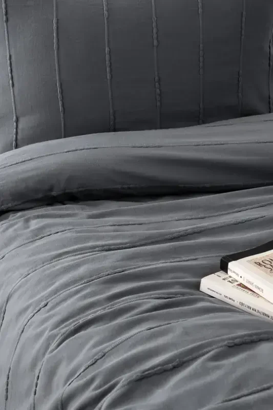 100% Cotton Double Size Anthracite Pique Set - Series 210x220 Cm - 2 Pieces 50x70 Cm Pillowcase - Anthracite - 4