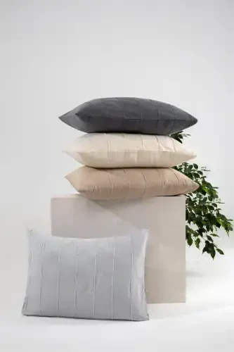 100% Cotton Double Size Gray Pique Set - Series 210x220 Cm - 2 Pieces 50x70 Cm Pillowcase - Gray - 5