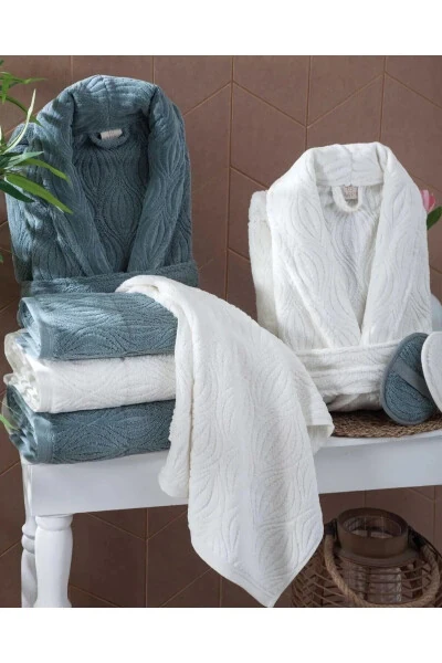 100% Cotton Dowry 8 Piece Gramaged Mussel Pattern Family Bathrobe Set - SARRA