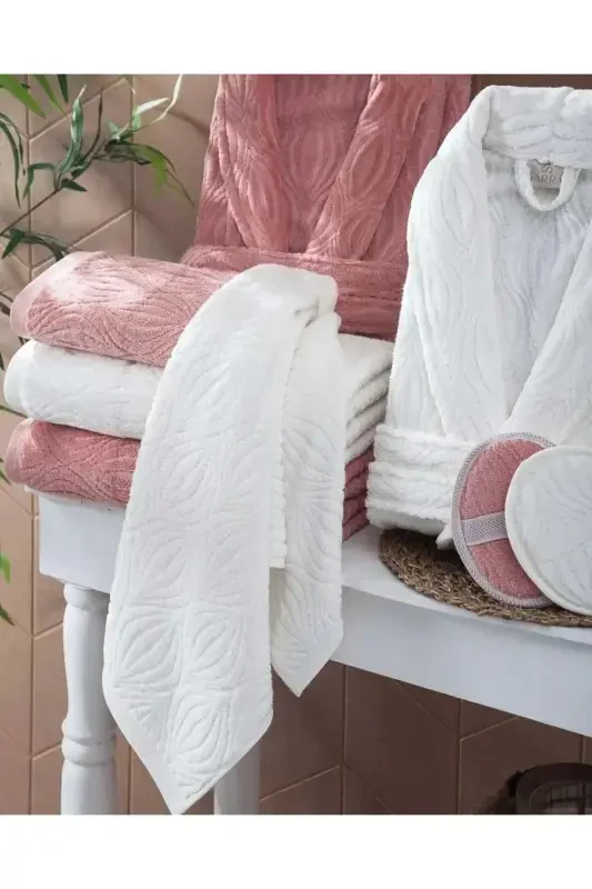 100% Cotton Dowry 8 Pieces Grammage Mussel Pattern Family Bathrobe Set-Powder - Modazone