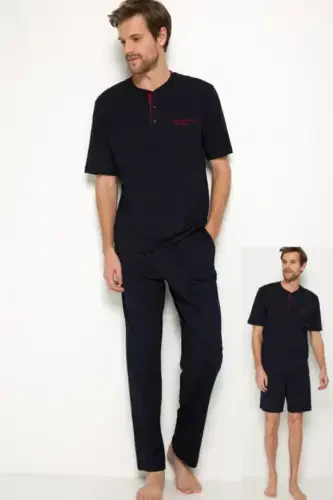 %100 Cotton Dowry Boxed Men's 3-Piece Pajama Set-Navy Blue - 1