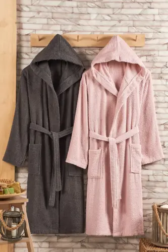 %100 Cotton Hooded 2-Piece Bathrobe Set-Anthracite - 3