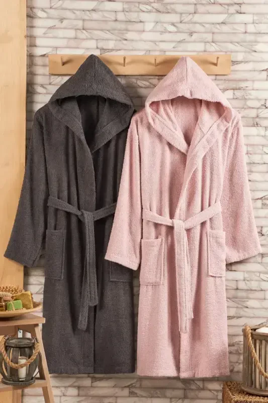%100 Cotton Hooded 2-Piece Bathrobe Set-Anthracite - 1