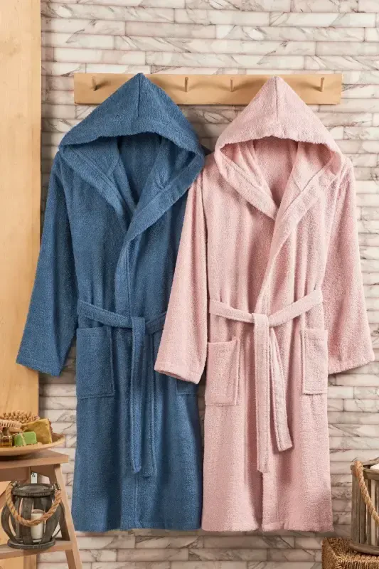 100% Cotton Hooded 2-Piece Bathrobe Set-Indigo - REGULUS HOME