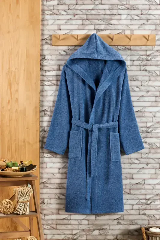 100% Cotton Hooded 2-Piece Bathrobe Set-Indigo - 2