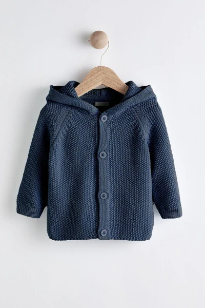 100% Cotton Navy Blue Hooded Knit Baby Cardigan - NEXT BABY