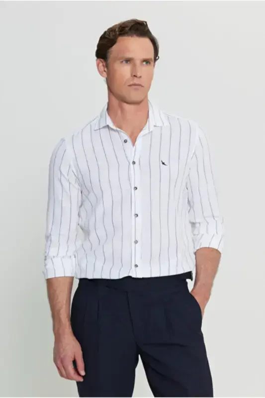 100% Cotton Oxford Slim Fit Narrow Cut Classic Collar Striped White-Navy Blue Shirt-White - 1