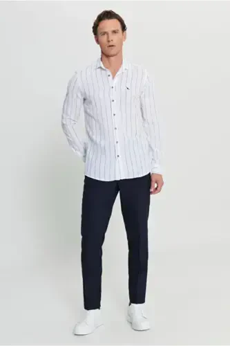 100% Cotton Oxford Slim Fit Narrow Cut Classic Collar Striped White-Navy Blue Shirt-White - 2