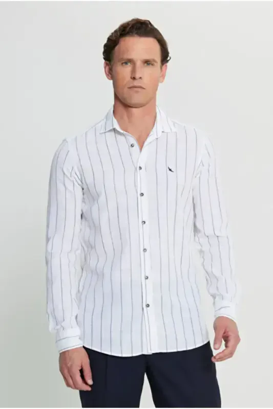 100% Cotton Oxford Slim Fit Narrow Cut Classic Collar Striped White-Navy Blue Shirt-White - 3