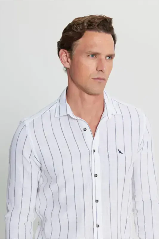 100% Cotton Oxford Slim Fit Narrow Cut Classic Collar Striped White-Navy Blue Shirt-White - 4