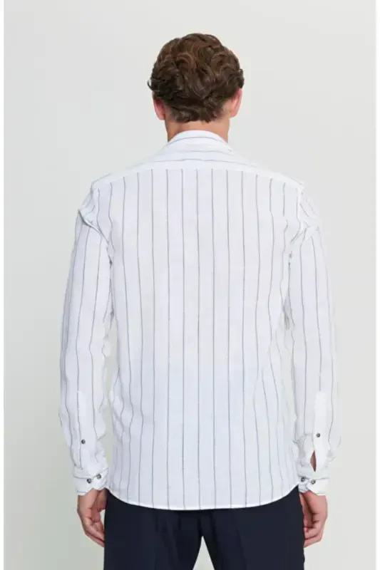 100% Cotton Oxford Slim Fit Narrow Cut Classic Collar Striped White-Navy Blue Shirt-White - 5