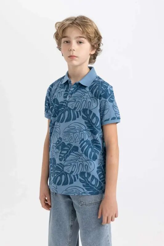 100% Cotton Patterned Pique T-Shirt Boys-Blue - 1