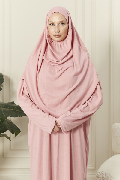 100% Cotton Penye Namaz Dress with Built-in Headscarf - 1