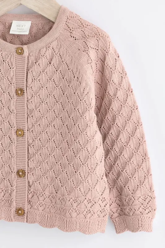 100% Cotton Pink Knitted Baby Cardigan - Pink - 3