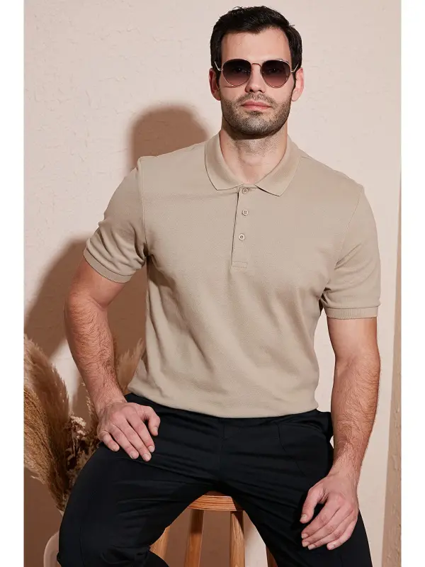 % 100 Cotton Regular Fit Buttoned Men's Polo Neck T-Shirt 5902127-Beige - LC WAIKIKI