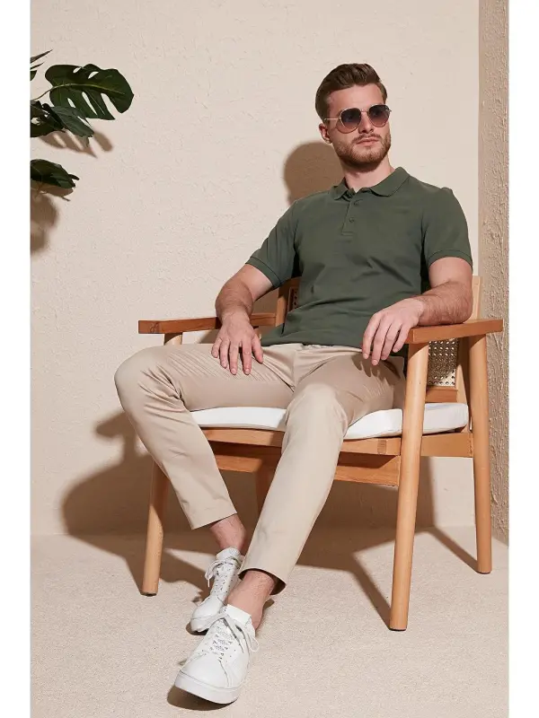 100% Cotton Regular Fit Buttoned Men's Polo Neck T-Shirt 5902127-Khaki - 3