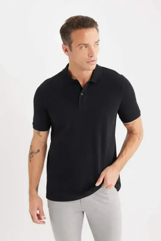 100% Cotton Regular Fit Polo Neck Short Sleeve Basic Plain Pique Fabric Black T-Shirt-Black - DEFACTO