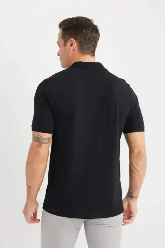 100% Cotton Regular Fit Polo Neck Short Sleeve Basic Plain Pique Fabric Black T-Shirt-Black - 7