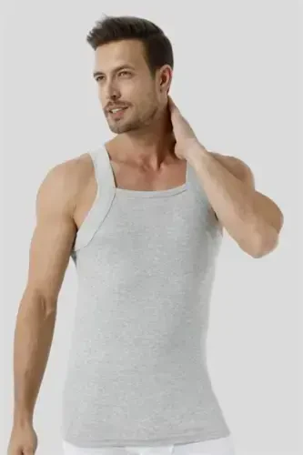 100% Cotton Ribbed Men's Gray Wide Trim Undershirt 3-Pack - 4