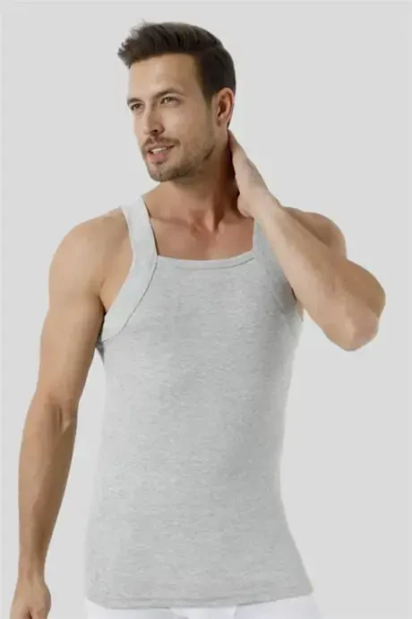 100% Cotton Ribbed Men's Gray Wide Trim Undershirt 3-Pack - 4
