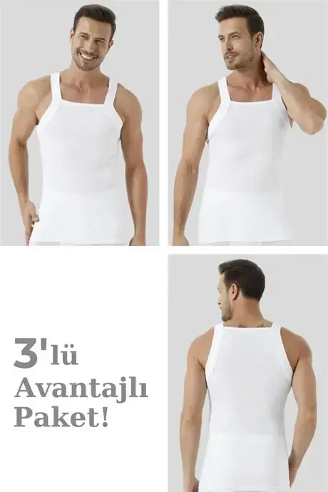 100% Cotton Ribbed Men's White Tank Top with Wide Band - 3-Pack - 1