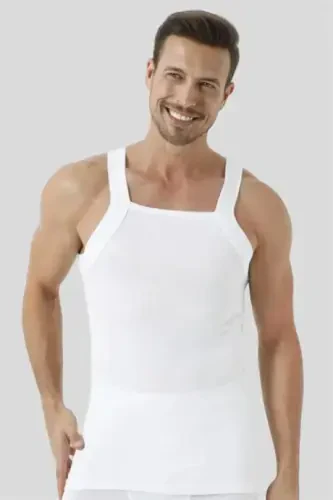 100% Cotton Ribbed Men's White Tank Top with Wide Band - 3-Pack - 4