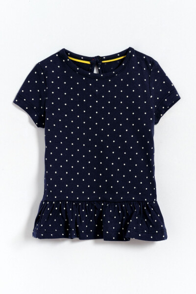 100% Cotton Skirt Hem with Ruffle Detail Polka Dot Baby Girl T-Shirt - Navy - 1