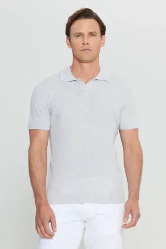 100% Cotton Standard Fit Hawaiian Collar Jacquard Knit Light Grey-Melange Knit T-Shirt-Gray - 1