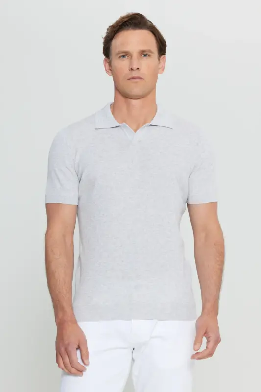 100% Cotton Standard Fit Hawaiian Collar Jacquard Knit Light Grey-Melange Knit T-Shirt-Gray - 1