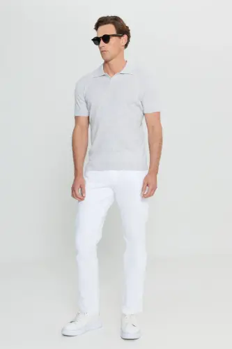 100% Cotton Standard Fit Hawaiian Collar Jacquard Knit Light Grey-Melange Knit T-Shirt-Gray - 2