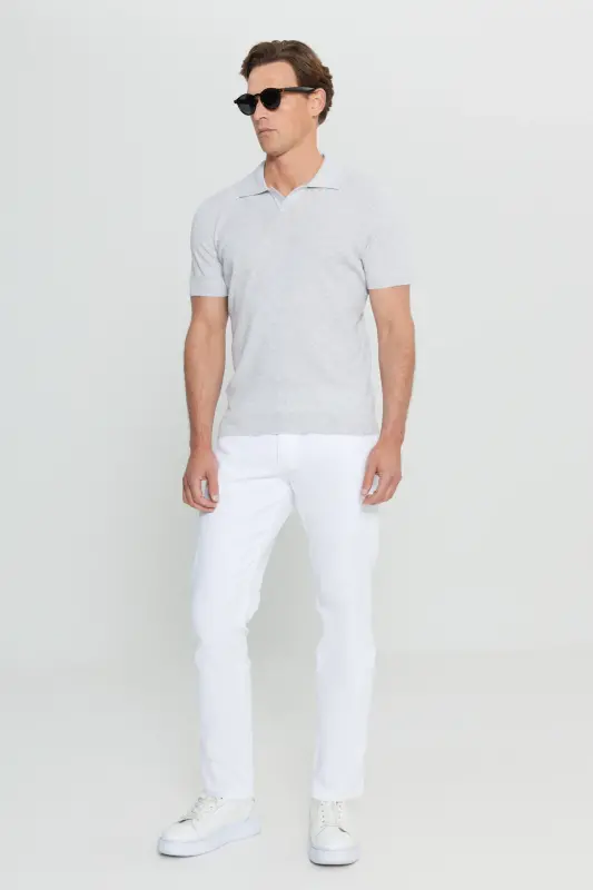 100% Cotton Standard Fit Hawaiian Collar Jacquard Knit Light Grey-Melange Knit T-Shirt-Gray - 2