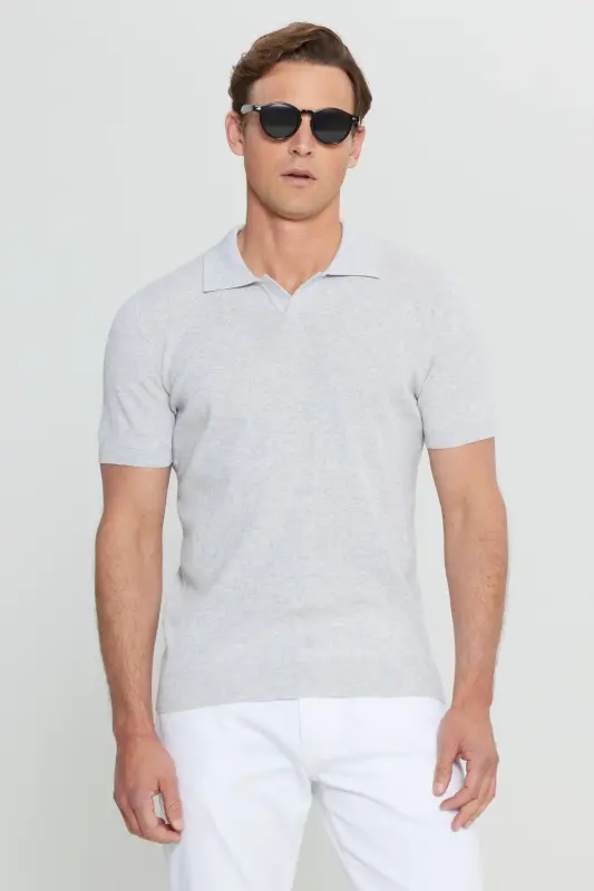 100% Cotton Standard Fit Hawaiian Collar Jacquard Knit Light Grey-Melange Knit T-Shirt-Gray - 3