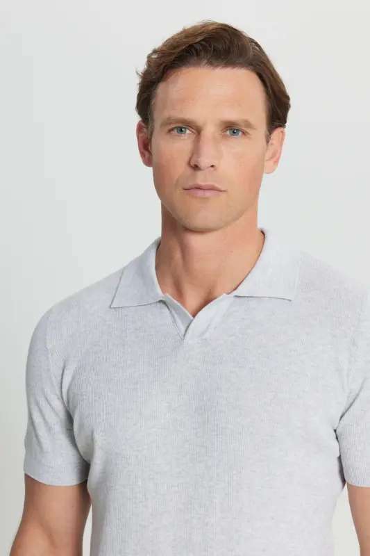 100% Cotton Standard Fit Hawaiian Collar Jacquard Knit Light Grey-Melange Knit T-Shirt-Gray - 4