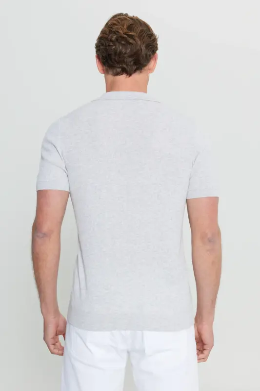 100% Cotton Standard Fit Hawaiian Collar Jacquard Knit Light Grey-Melange Knit T-Shirt-Gray - 5