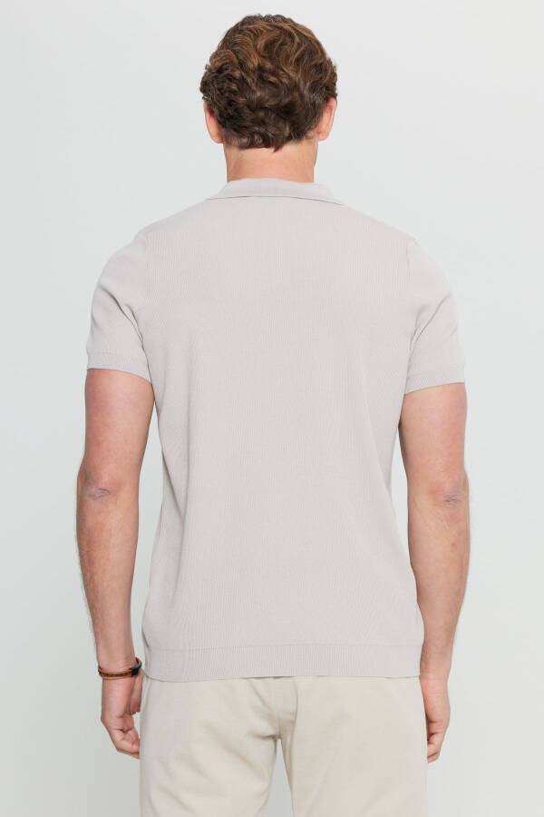 100% Cotton Standard Fit Hawaiian Collar Jacquard Knit Light Grey-Melange Knitted T-Shirt - 3